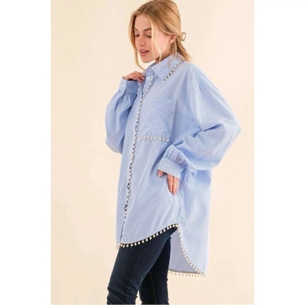 Anthropologie MeMeMe Blue Striped Pearl Embellished Shirt
